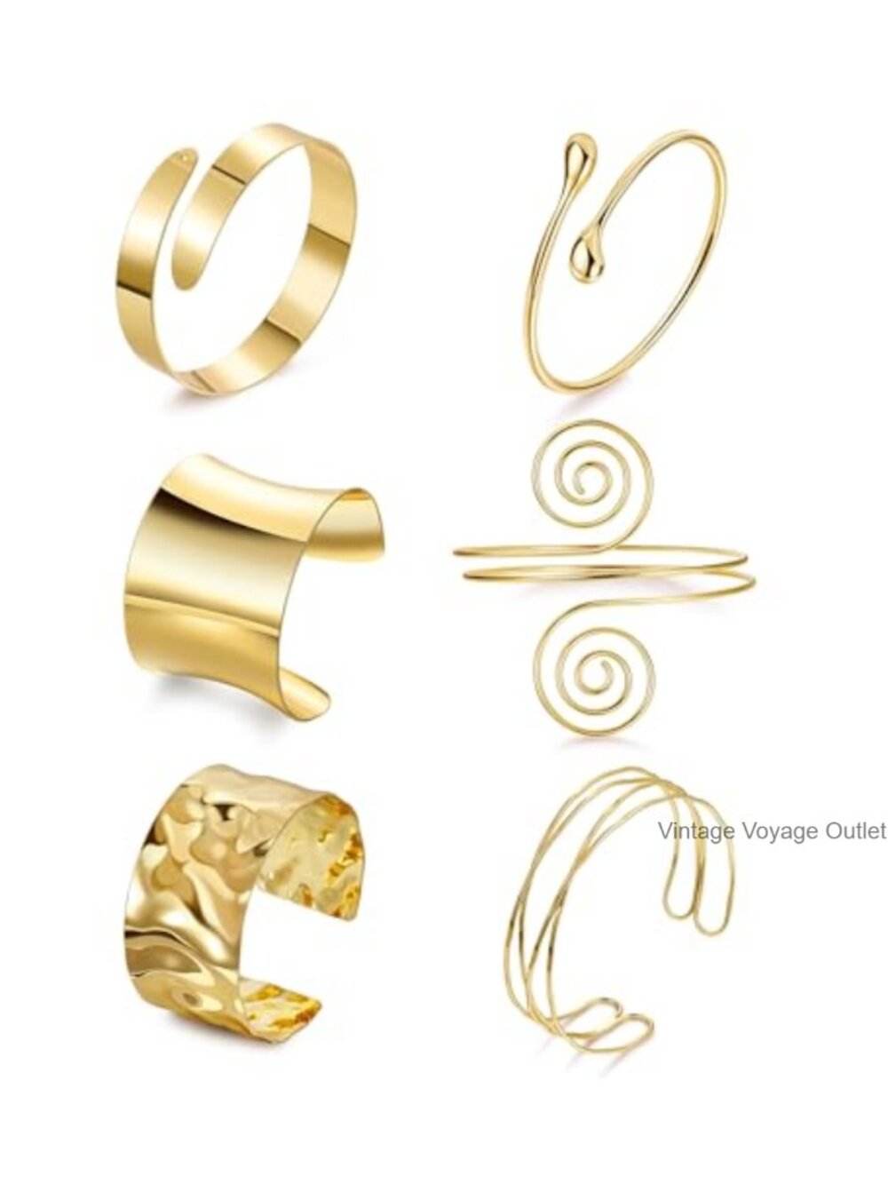 6Pc Gold Plated Brass Upper Arm Cuff & Open Bangle Bracelet Set Adjustable